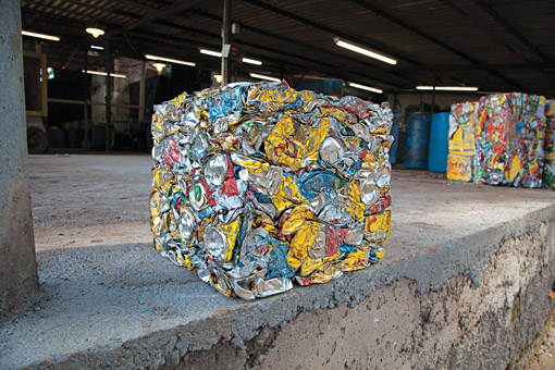 One man's trash: Compacted metal recyclables at a processing plant in Curitiba, home of the Cambio Verde Initiative where residents exchange waste for food staples. Photo: Mark Ellis