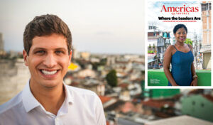 Mayor João Campos of Recife, Brazil, and an inset of cover of the Mayors issue of Americas Quarterly, showing another innovative mayor: María Emilsen Angulo of Tumaco, Colombia.