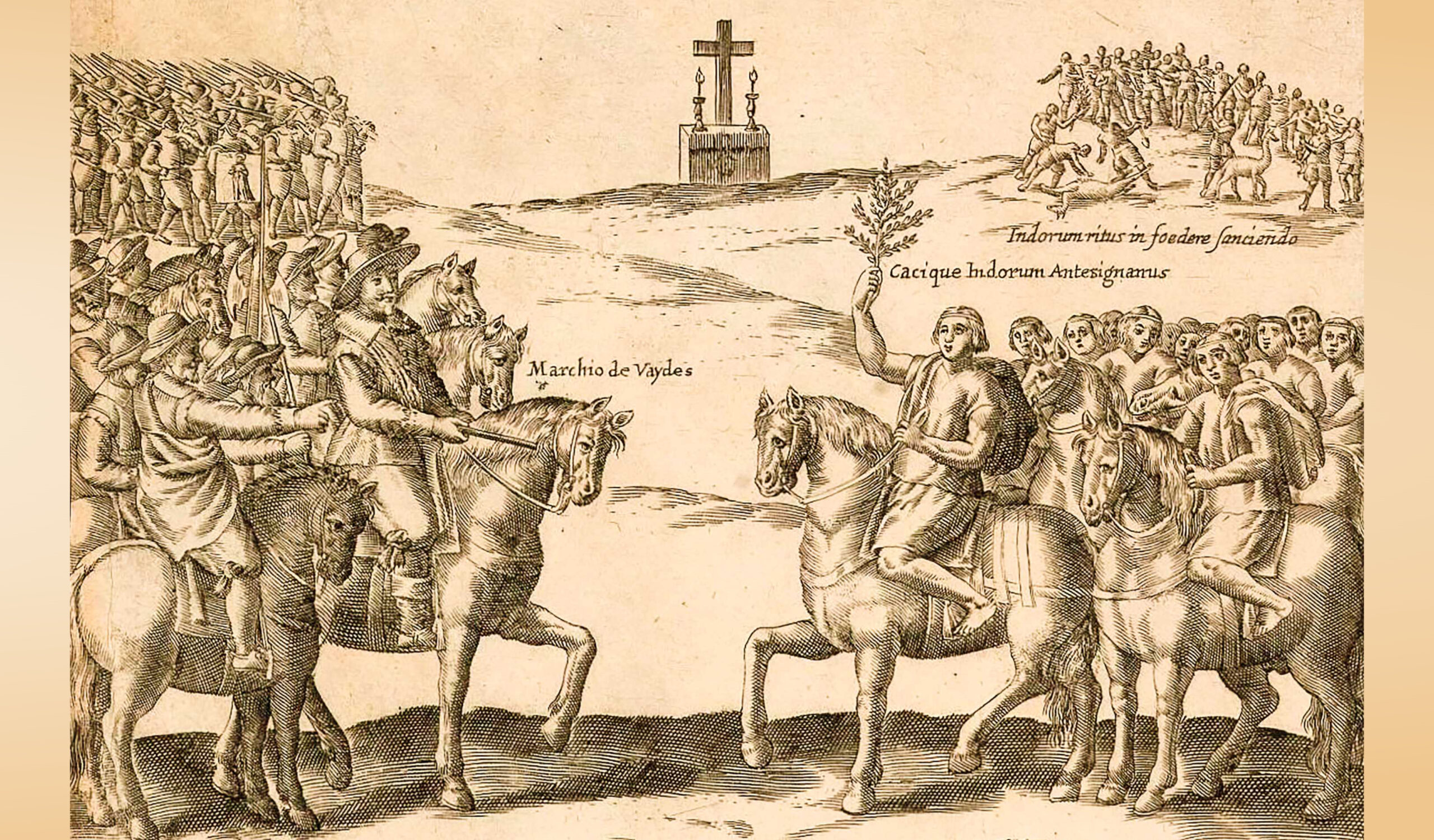 A 1646 drawing of the Parlamento of Quilín negotiations between the Mapuche and the Spanish.