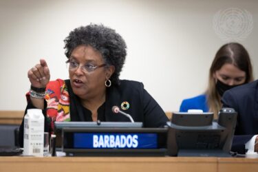 Mia amor Mottley is seen at the Partnering for Action: Implementation of the Global Accelerator on Jobs and Social Protection for Just Transitions in the Complex Setting of Overlapping Crises" at UN Headquarters.