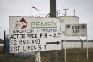 Sign for oil company Pemex at a plant in the state of San Luis Potosi.