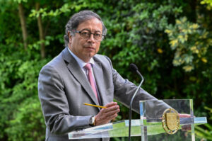 President of Colombia Gustavo Petro delivers remarks during a joint press conference with Portuguese Prime Minister Antonio Costa (not seen) at the end of their bilateral meeting in which they discussed cooperation on energy and drug trafficking combat at the PM official residence in Sao Bento, on May 06