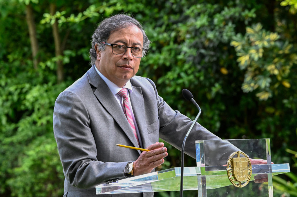 President of Colombia Gustavo Petro delivers remarks during a joint press conference with Portuguese Prime Minister Antonio Costa (not seen) at the end of their bilateral meeting in which they discussed cooperation on energy and drug trafficking combat at the PM official residence in Sao Bento, on May 06