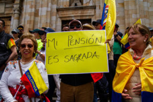 Demonstrators against Colombian President Gustavo Petro's reform proposals gather at a Feb. 2023 protest in Bogotá. Petro’s pension reform now tests the Colombian Senate.