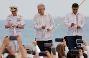 President of Mexico Andres Manuel Lopez Obrador (center), Secretary of the Navy Jose Rafael Ojeda Duran (left), and Governor of the State of Oaxaca Salomon Jara Cruz (right) are attending the inauguration ceremony of the breakwater at the Port of Salina Cruz, Oaxaca. The breakwater has been constructed to foster the development of the southeast region and enhance international trade by leveraging the country's geographical benefits.