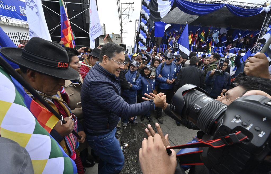 Bolivia's President Luis Arce greets supporters upon his arrival at the 10th congress of the Movement for Socialism (MAS) party in El Alto, Bolivia, on May 3, 2024.