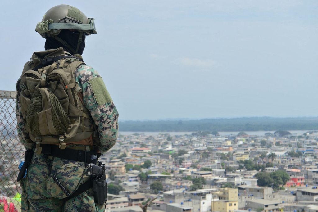 A soldier patrols the Ecuadorian town of Durán, Guayas Province in Sept. 2023. Latin America’s Murder Rates Reveal Surprising New Trends.