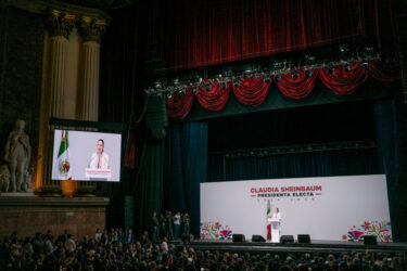 Mexico's President-elect Claudia Sheinbaum speaks in Mexico City's Metropolitan Theater on Aug. 15.