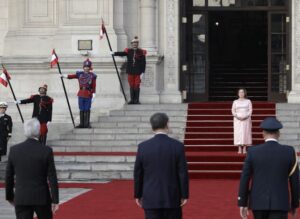 LIMA, PERU - NOVEMBER 14: Peru's President Dina Boluarte welcomes President Xi Jinping of China for a state visit in Lima in November.