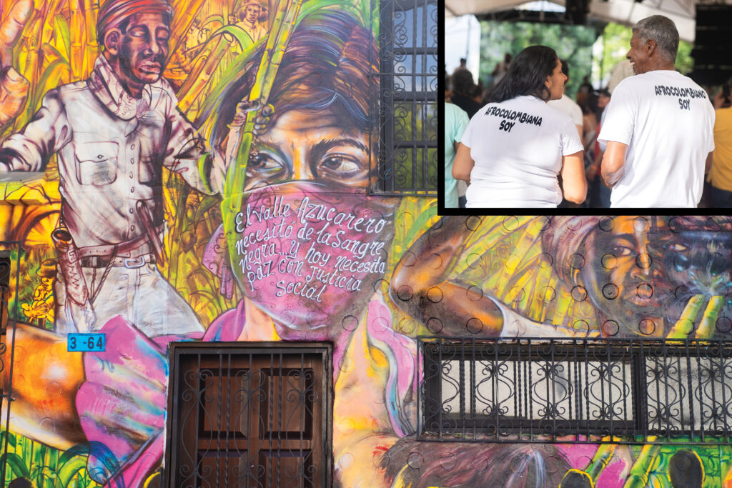 A mural depicts the coastal region’s sugarcane industry and its roots in slavery. “The sugar-growing valley needed Black blood … and now it needs peace and social justice,” it reads. The mass protests of 2021 and the election of Márquez in 2022 have helped create an environment where Black pride is more openly expressed. Two festival attendees (inset) wear T-shirts saying “I am Afro-Colombian” at one of the many smaller concerts held throughout Cali.