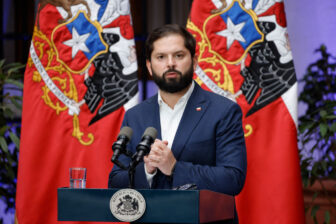 Chile's President Gabriel Boric speaks during a joint statement with France's President Emmanuel Macron at La Moneda Presidential Palace in Santiago, on November 20, 2024. (Photo by Ludovic MARIN / AFP) (Photo by LUDOVIC MARIN/AFP via Getty Images)