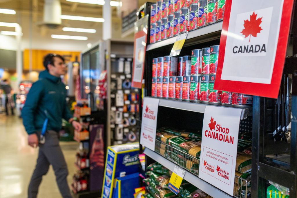 "Shop Canadian" signs on grocery store shelves in Victoria, British Columbia on Feb. 10. Trump 2.0 Is Fraying U.S.-Canada Ties