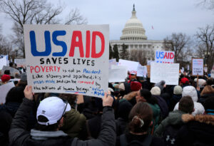 Demonstrators gather to support USAID in Washington, DC on Feb. 5.