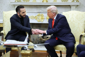 WASHINGTON, DC - APRIL 14: U.S. President Donald Trump meets with President Nayib Bukele of El Salvador in the Oval Office of the White House April 14, 2025 in Washington, DC. Trump and Bukele were expected to discuss a range of bilateral issues including the detention of Kilmar Armando Abrego Garcia, who has been held in a prison in El Salvador since March 15. (Photo by Win McNamee/Getty Images)