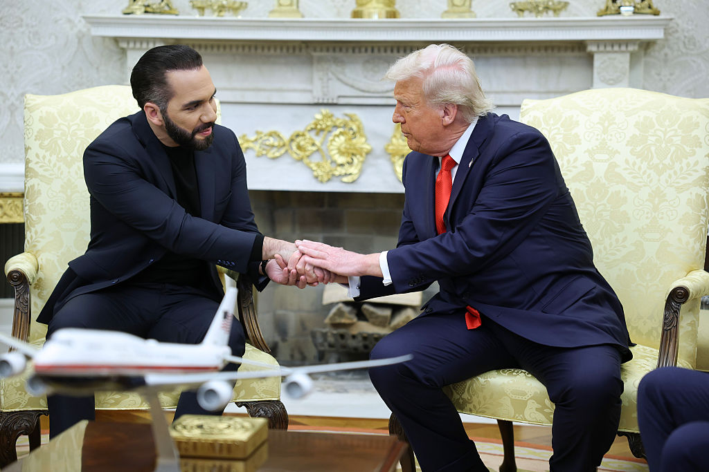 WASHINGTON, DC - APRIL 14: U.S. President Donald Trump meets with President Nayib Bukele of El Salvador in the Oval Office of the White House April 14, 2025 in Washington, DC. Trump and Bukele were expected to discuss a range of bilateral issues including the detention of Kilmar Armando Abrego Garcia, who has been held in a prison in El Salvador since March 15. (Photo by Win McNamee/Getty Images)
