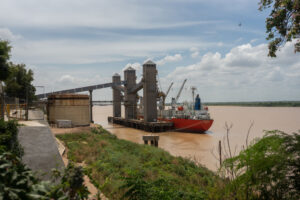 Soybeans are loaded onto a ship on the Paraná River in Rosario, Argentina in January