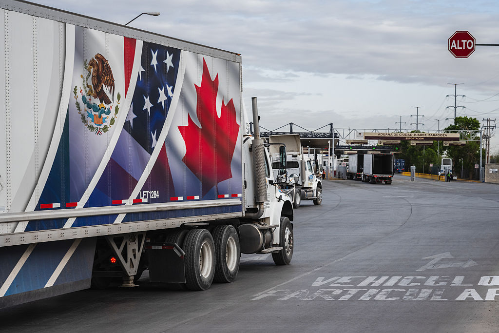 Tractor trailers at the Ysleta-Zaragoza International Bridge port of entry, on the US-Mexico border in Juarez, Chihuahua state, Mexico, on Thursday, April 3, 2025. President Donald Trump is imposing tariffs on US trading partners worldwide, his biggest assault yet on a global economic system he has long bemoaned as unfair. Photographer: Justin Hamel/Bloomberg via Getty Images