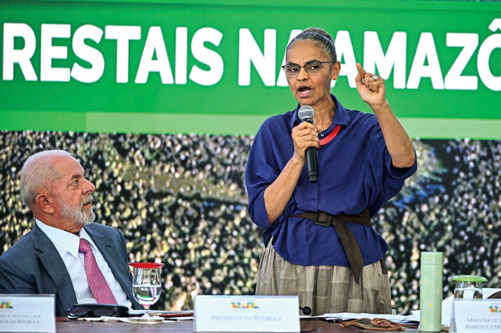 Brazil’s President Luiz Inácio Lula da Silva and Environment and Climate Change Minister Marina Silva speak at the launch in April 2024 of a federal program to combat deforestation and forest fires in the Amazon.