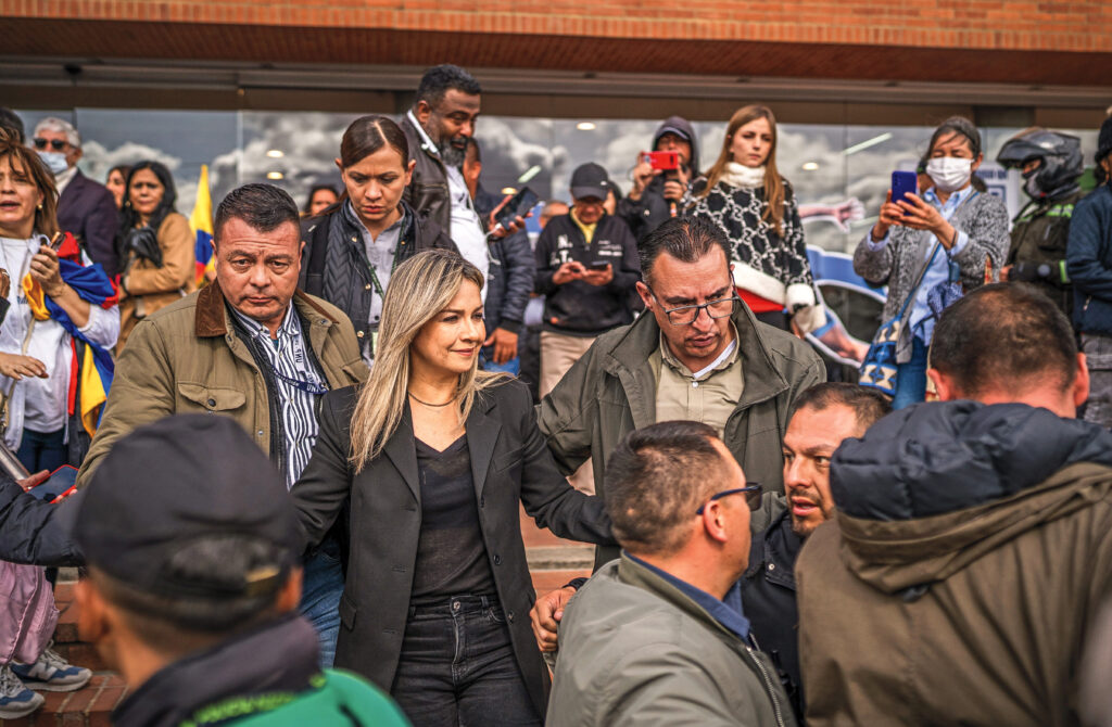 Vicky Dávila leaves the Fundación Santa Fe hospital in Bogotá where Miguel Uribe Turbay was in critical condition after being shot during a campaign event in June.