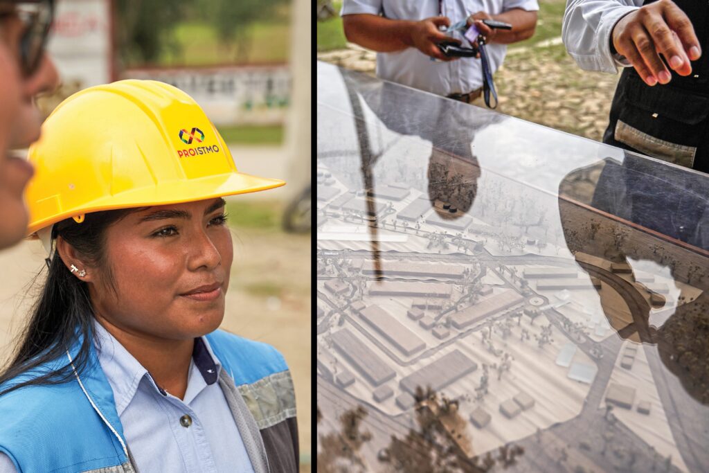 Lisa Hernández Jiménez, a ProIstmo engineer, walks a job site where the company aims to attract private investment. Above: Employees of ProIstmo examine one of the company’s models in Texistepec, Veracruz. ProIstmo is a private company tasked with advancing five of the 12 “development poles” that aim to attract manufacturing and other investment along the CIIT.