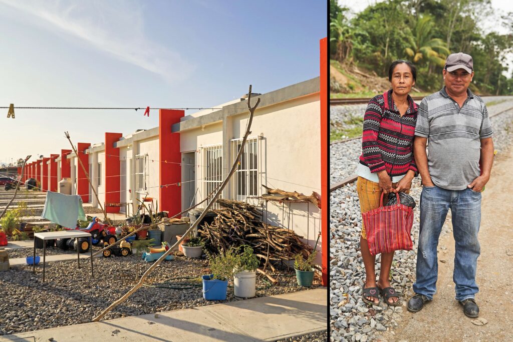 Left: The government is building developments of new housing like this one in Salina Cruz, Oaxaca, to relocate people displaced by rail construction. Although the government has built over 4,000 of these houses, some residents allege irregularities in the process, including 600 families in Tabasco who were relocated to houses without access to basic services. Right: Javier Chávez and Elsa Matus live beside the tracks of Line Z in Mojoñé, Oaxaca. "Our house is about 15 meters from the tracks, and so far, we’ve been allowed to stay there," they said. "The trains don’t run often, maybe once or twice a day, so we can’t complain about the noise. People who were relocated often got better houses than the wooden sheds they lived in. Even then, it’s hard when your home is demolished."