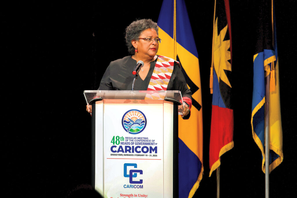 Mottley delivers a speech at a CARICOM conference in February in Bridgetown, Barbados.