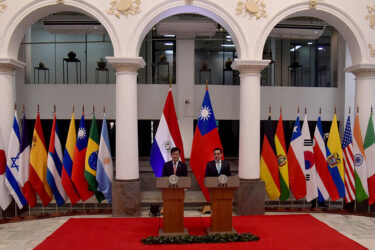 Taiwan's Foreign Minister Lin Chia-lung (L) and Paraguay's Foreign Minister Ruben Ramirez speaking in Asuncion on July 11, 2025.