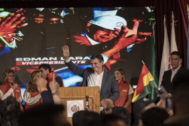 Rodrigo Paz, Bolivia's president-elect, greets supporters during an election night rally following the presidential runoff election in La Paz, Bolivia, on Sunday, Oct. 19, 2025. Senator Rodrigo Paz won Bolivia's presidential runoff on Sunday, pledging to repair relations with Washington and curb spending to address the deepest economic crisis in four decades.