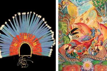 Left: Headdress by the Boe people of the Brazilian Amazon, on view at the Musée du quai Branly - Jacques Chirac. Right: Pablo Amaringo, "El baile de los Puca-bufeos," 2009, on view at Americas Society.