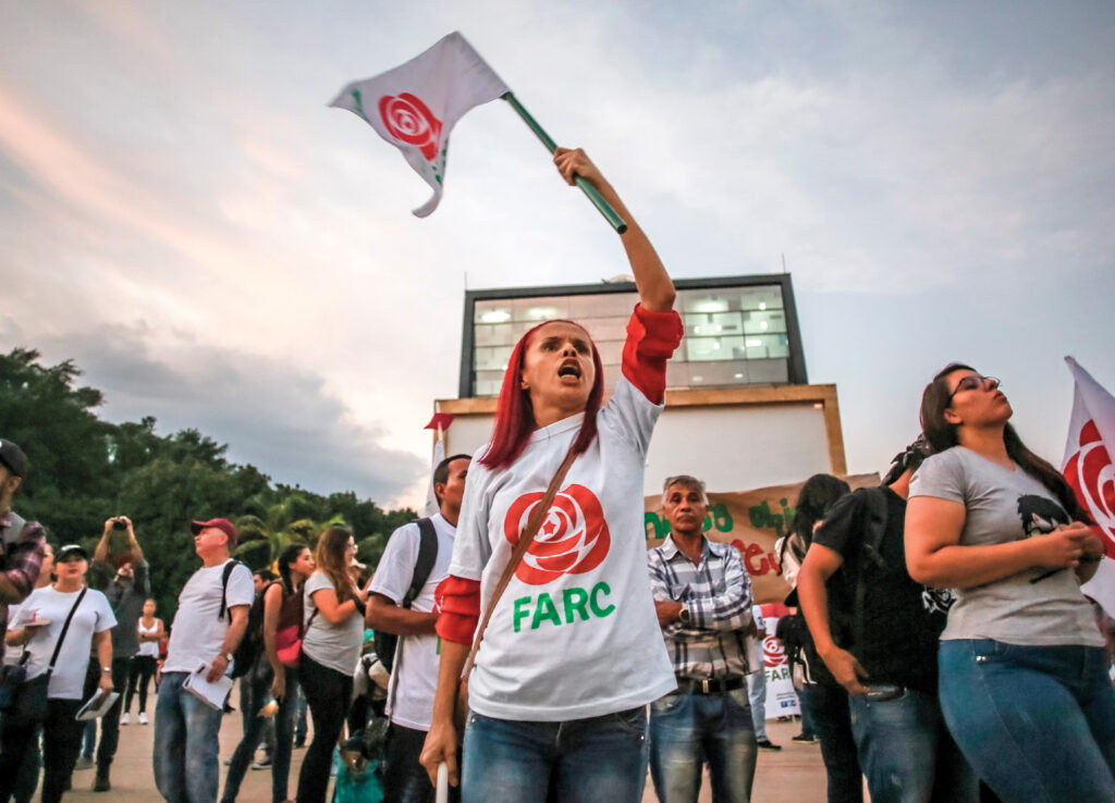 FARC supporters protest a proposed reform of the Special Jurisdiction for Peace (JEP) in Medellín, Colombia, in 2019.