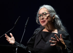 Cristina Rivera Garza speaks in Berlin in 2025.