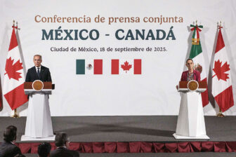 Claudia Sheinbaum, Mexico's president, right, and Mark Carney, Canada's prime minister, speak in Mexico City, Sept. 18, 2025.