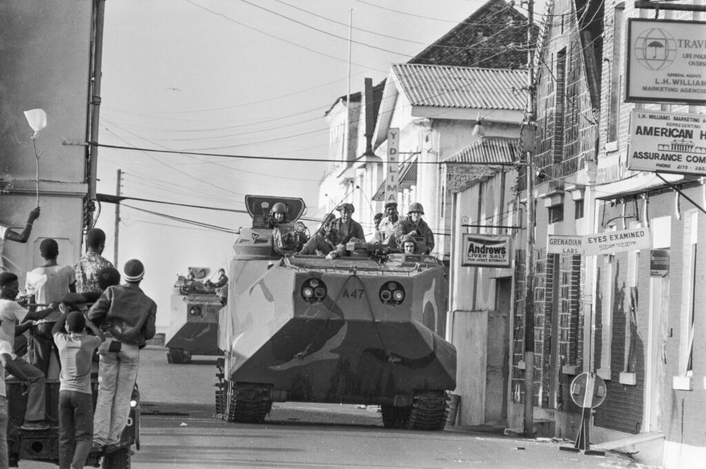 U.S. troops patrol the streets of St. George's, the capital of Grenada, in 1983.