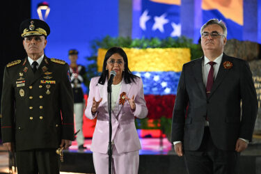 Venezuelan Defense Minister Vladimir Padrino López, then-Vice President Delcy Rodríguez and Russian Ambassador Sergey Mélik-Bagdasárov appear at an event in Caracas in May 2025.