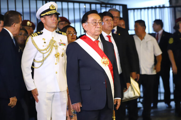 Peru's President José María Balcázar stands in Congress for his inauguration in Lima on February 18.