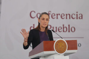 Mexico’s president, Claudia Sheinbaum, speaks at the National Palace in Mexico City on May 11, 2026.