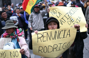 Demonstrators during a rally against President Rodrigo Paz in La Paz on May 25, 2026.