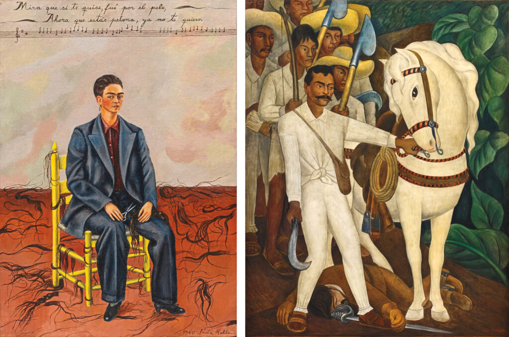 Left: Self-portrait with Short Hair (1940), Frida Kahlo. Right: Agrarian Leader Zapata (1931) Diego Rivera