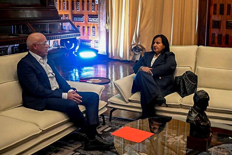 Venezuela’s Parliament President Jorge Rodriguez (L) and former opposition lawmaker Dinorah Figuera in Caracas on June 18, 2026.  
