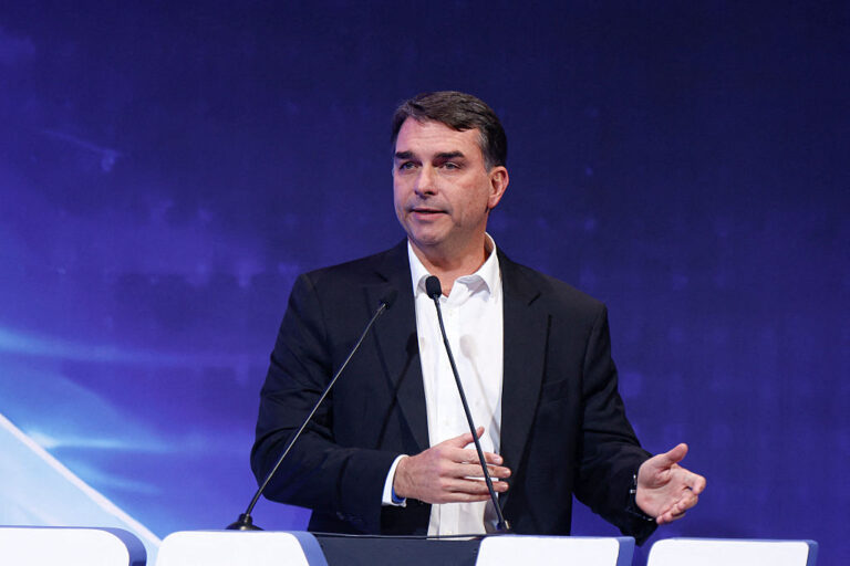 Brazilian presidential hopeful Flávio Bolsonaro speaks in Brasília on June 22.