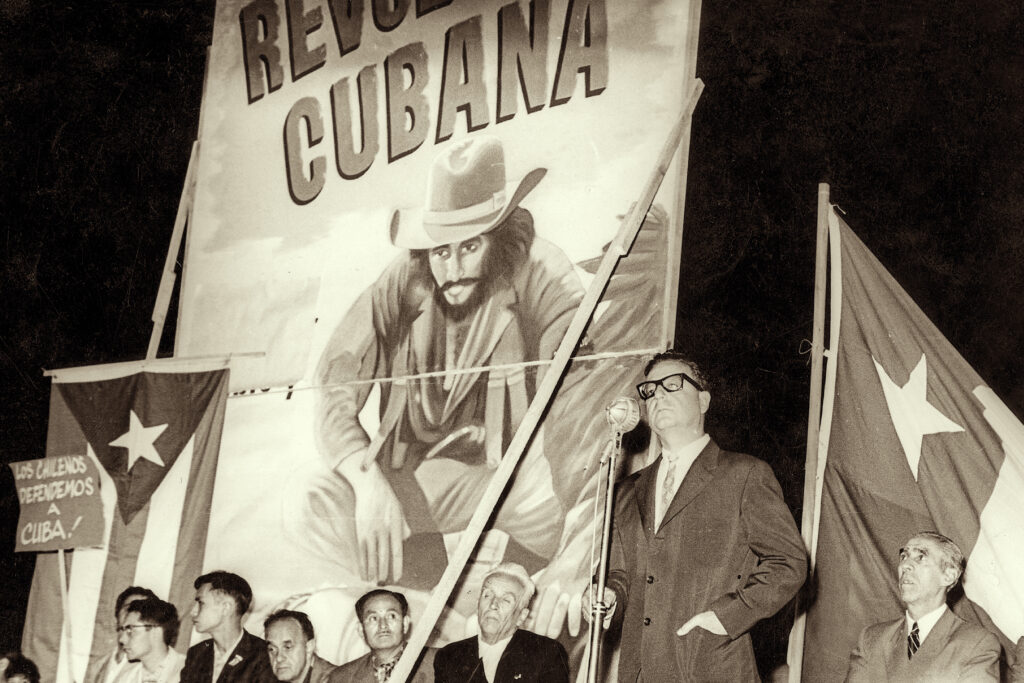 Then-Senator of the Socialist Party of Chile Salvador Allende speaks at a solidarity rally for the Cuban revolution in 1962.