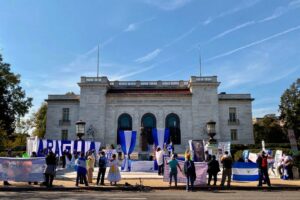 Nicaraguans gather in front of the Organization of American States building in Washington, DC, during a protest against President Daniel Ortega in 2020.