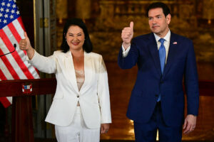 Peruvian President Keiko Fujimori and U.S. Secretary of State Marco Rubio give a thumbs-up during a press conference in Lima in Sept. 2026